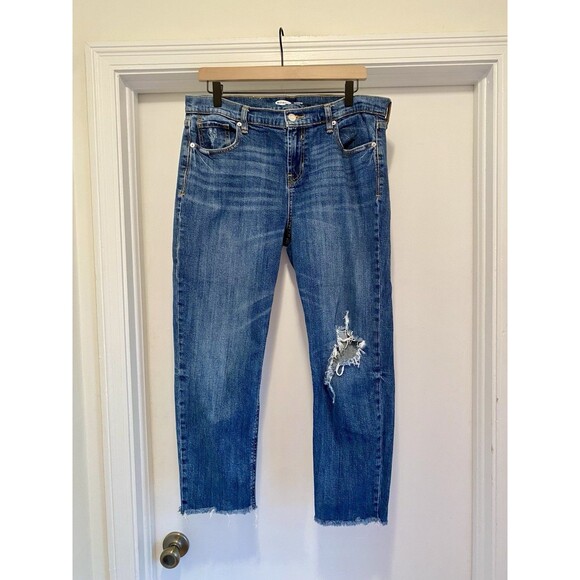 Old Navy Jeans Mid Rise Boyfriend Womens Size 10 Cobalt Med Wash Distressed Crop - Picture 1 of 8